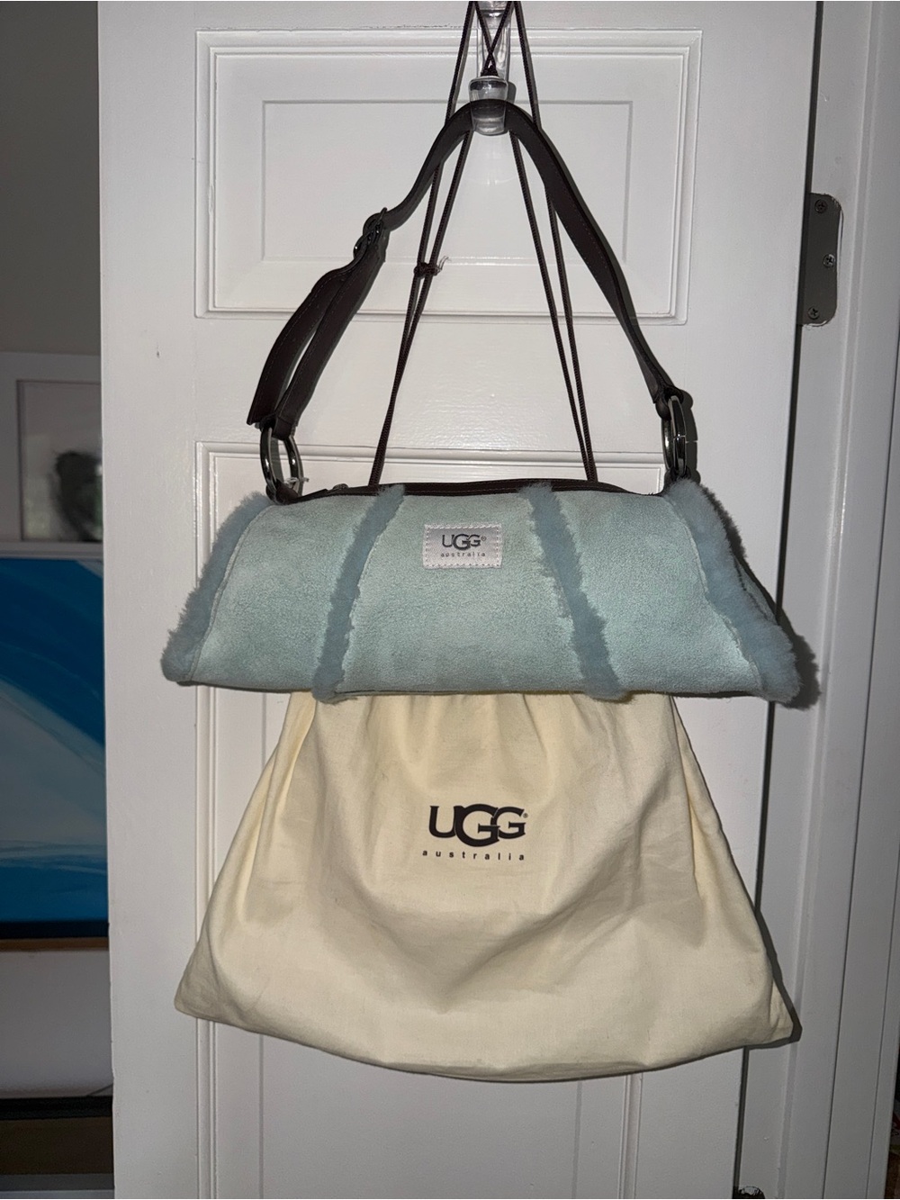 UGG Light Blue Shearling Shoulder Bag with Leather Straps